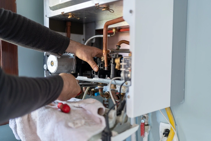 A man repairs a gas boiler in a room, focused on the task at hand.