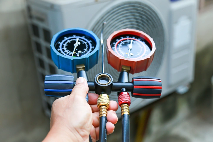 A person holds two gauges in front of an air conditioner, checking its performance and pressure levels.