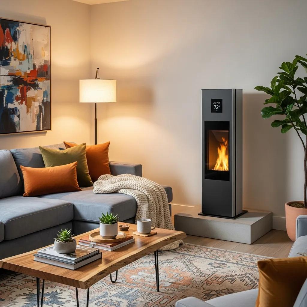 Modern furnace installation in a cozy living room, highlighting energy efficiency and comfort