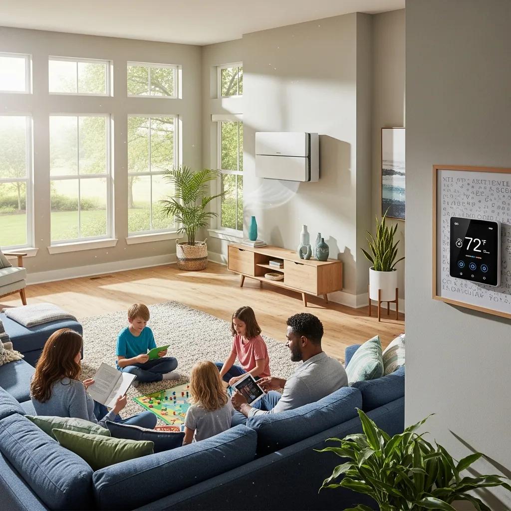 Cozy living room with energy-efficient HVAC system and smart thermostat