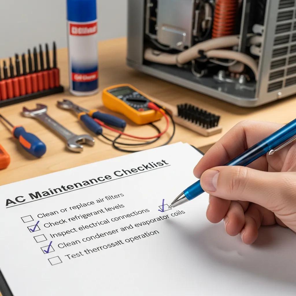 Spring AC Tune-Up Checklist for Knoxville Homes 2 Close-up of an AC maintenance checklist with tools in the background